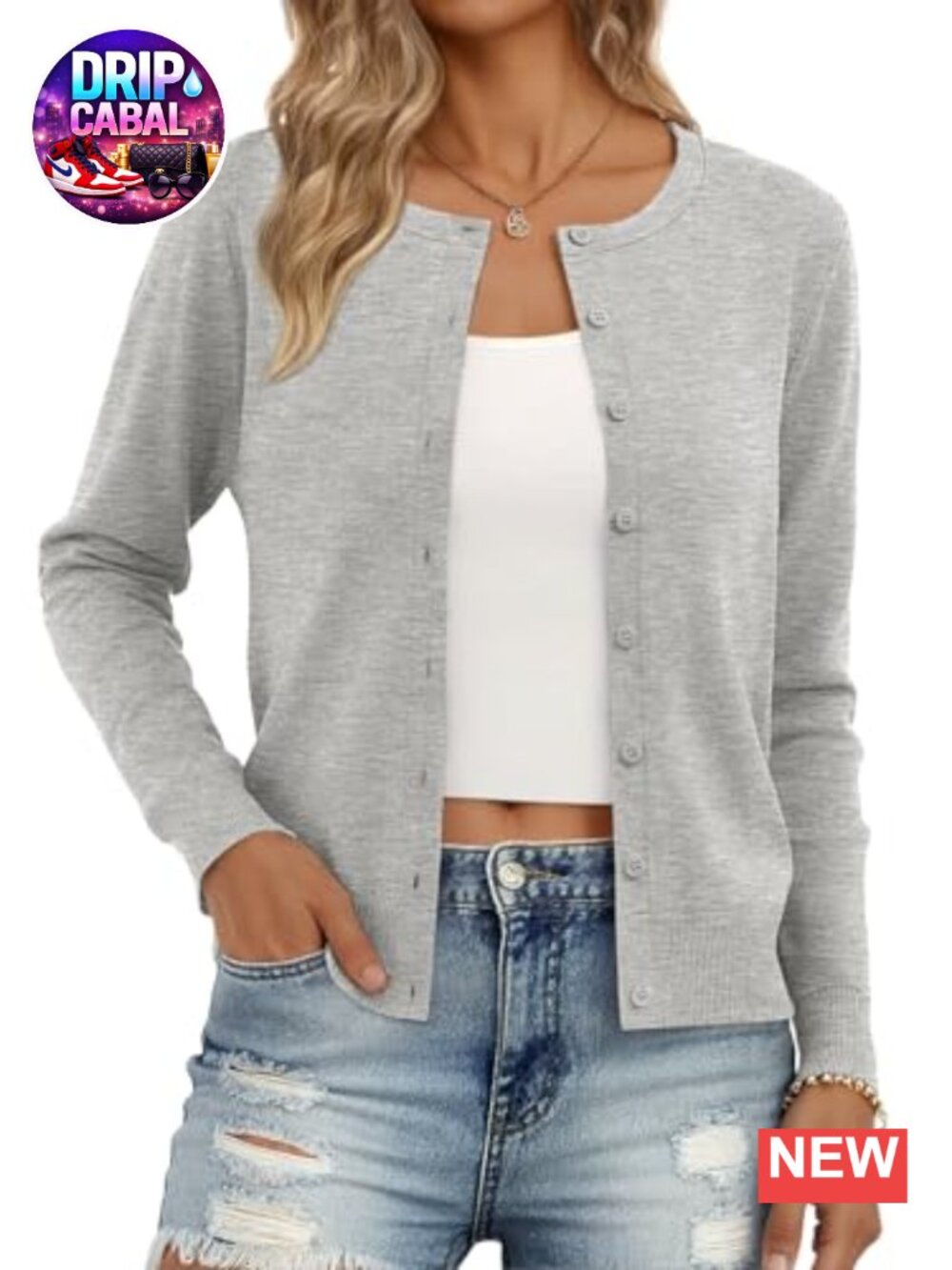 Women's Lightweight Knit Cardigan Button Front Long Sleeve Crew Neck